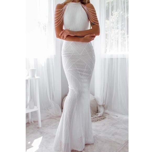 White Sequin dress with Bead Detail Shoulder - Picture 6 of 12